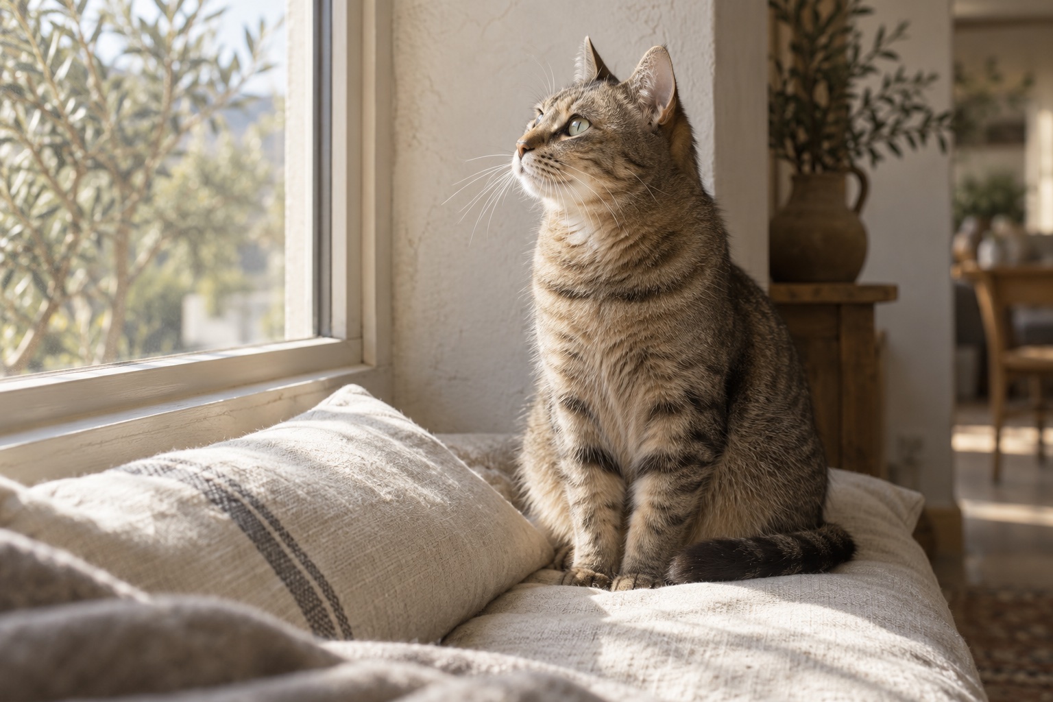窓辺の光を見つめる猫